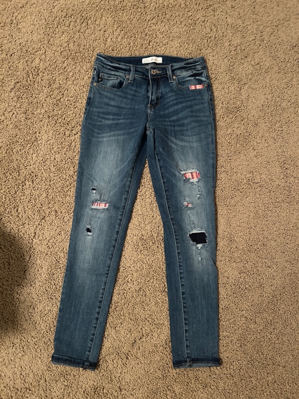 KanCan Dark Blue Distressed Skinny Jeans with Patch Accents